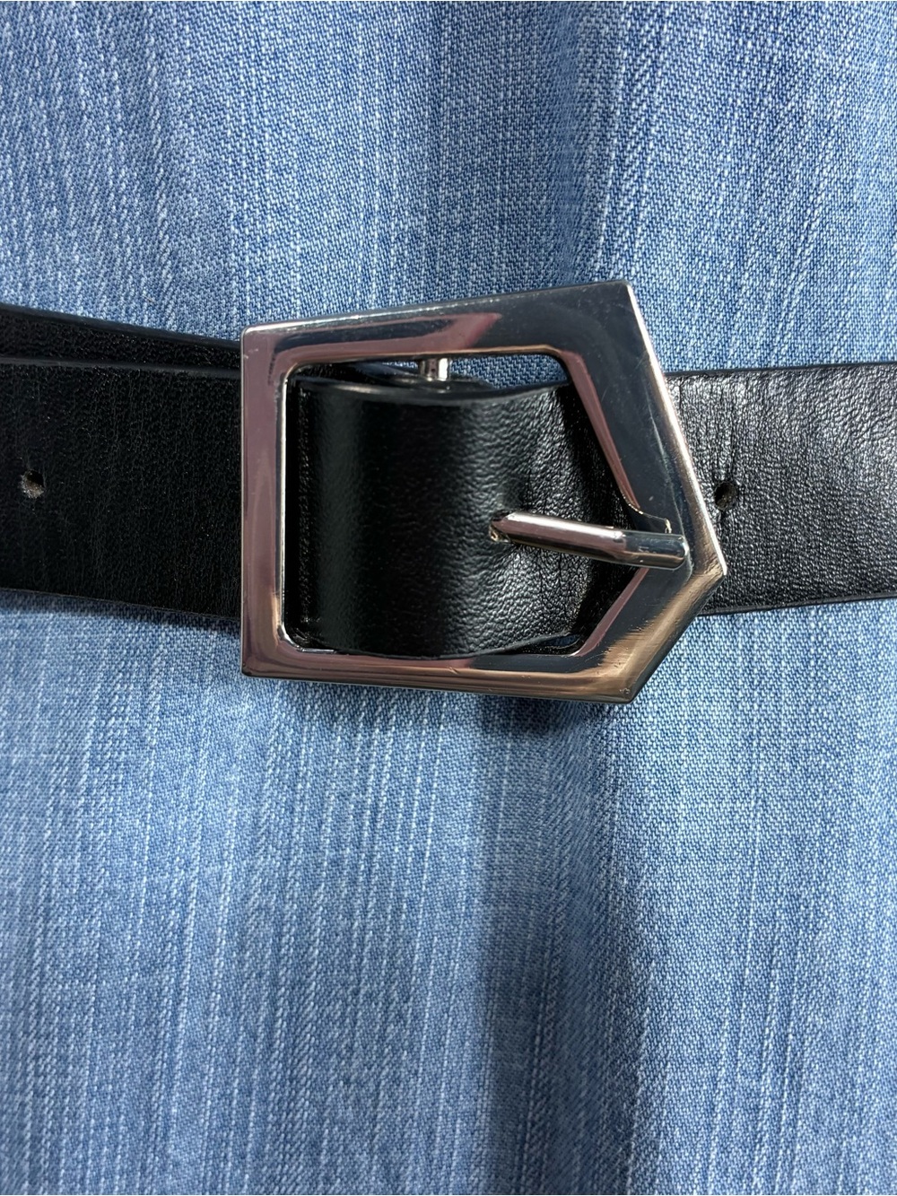 Plus Size women’s belt 53” long faux leather Silver Geometric Buckle minimalist